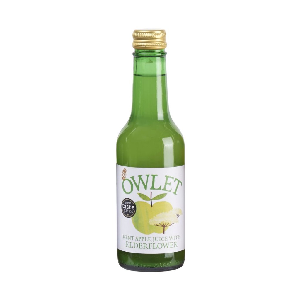 Owlet Apple and Elderflower Juice 250 millilitre glass bottle on a white background