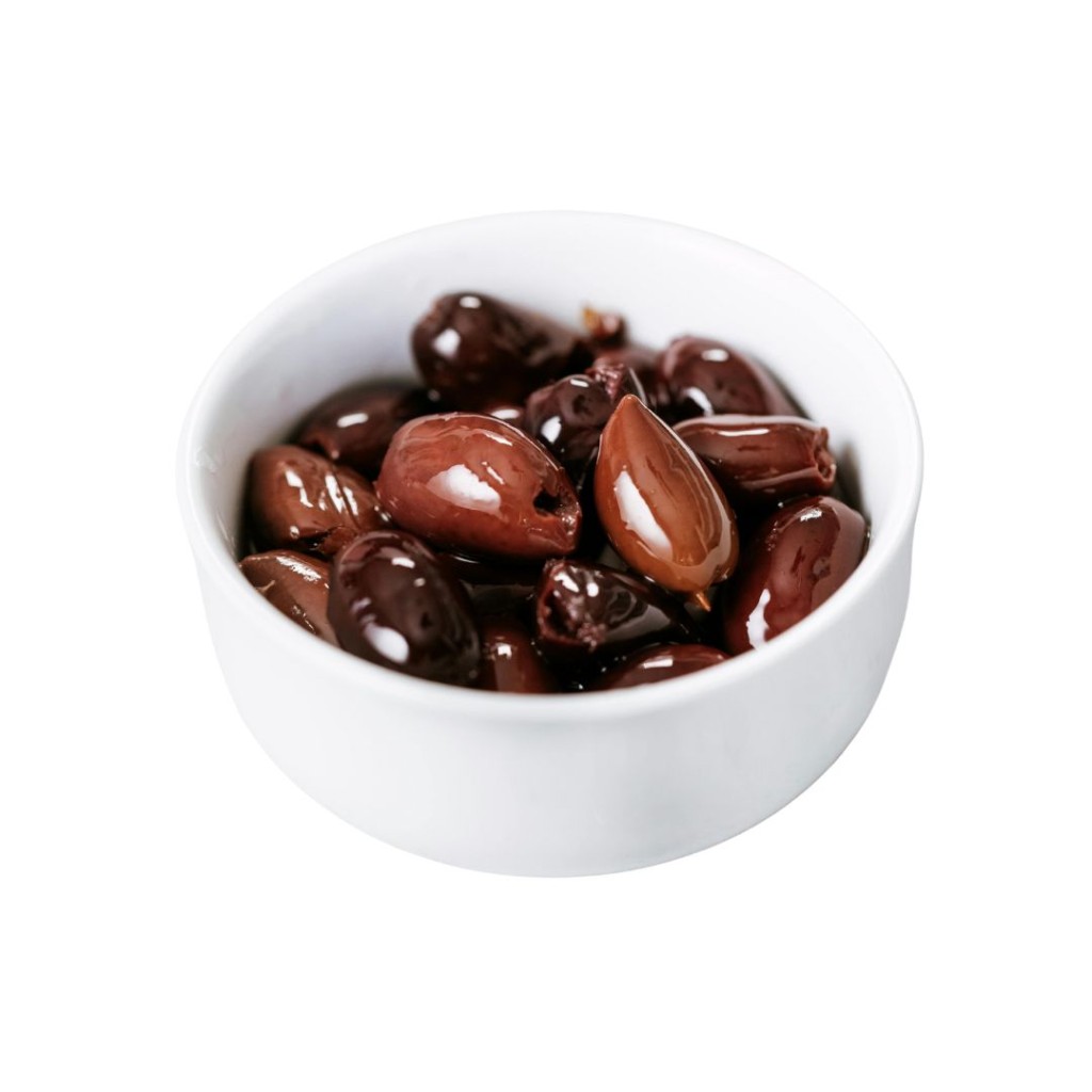 Kalamata Olives Purple Pitted in white bowl on white background
