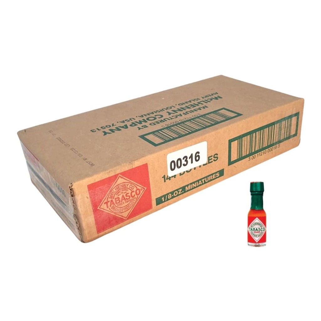Miniature 3.7 ml Tabasco Original Sauce sachets in a case on a white background with an additional sachet shown separately for illustration.