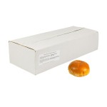 Brioche Style Buns Gluten Free. Case of 24 on a white background with an individual bun in the foreground.