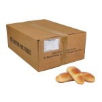 Brioche Hot Dog Sub Rolls 20.5cm, case with loose rolls in he foreground on a white background