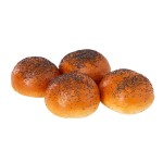 Brioche Buns with Poppy Seeds, Frozen - The Artisan Bakery. Four buns on white background