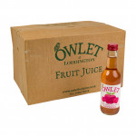 Owlet Apple & Raspberry juice box of 24 times 250 millilitre bottles with a single bottle in front, on a white background